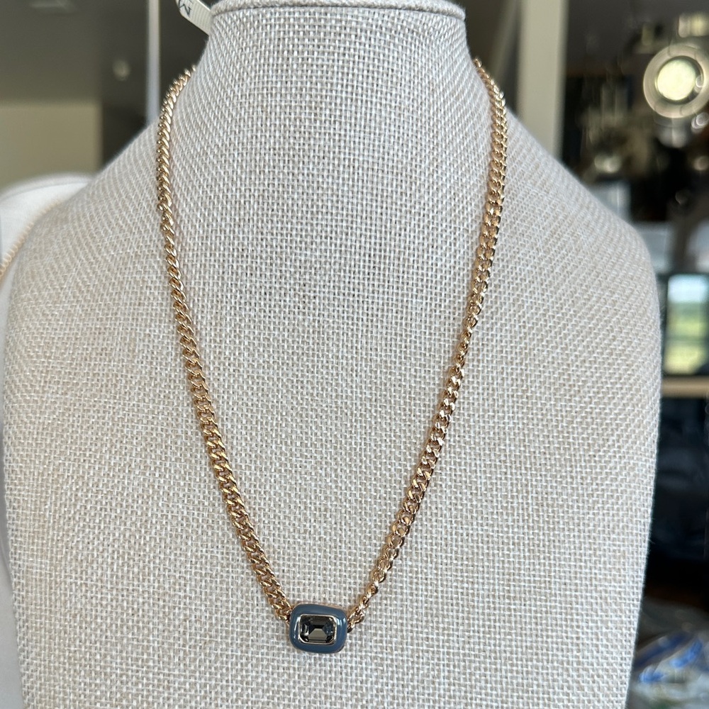 MACRAE Gold Tone Necklace with Navy Blue Enamel and Stone Accent